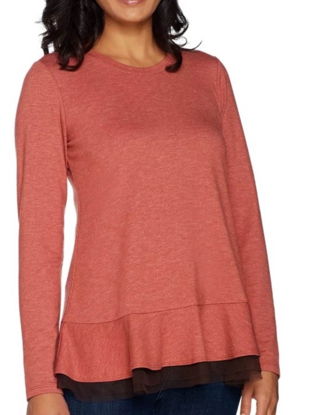 LOGO Lori Goldstein Coral Long Sleeve Top Ruffle Mesh Hem Lagenlook Boho Small